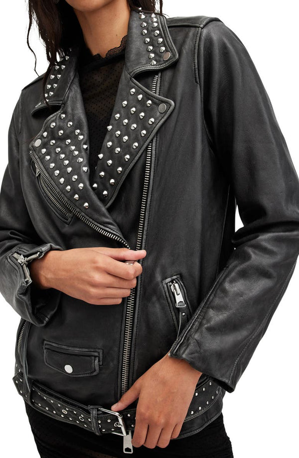 Billie Conical Studded Leather Biker Jacket AllSaints