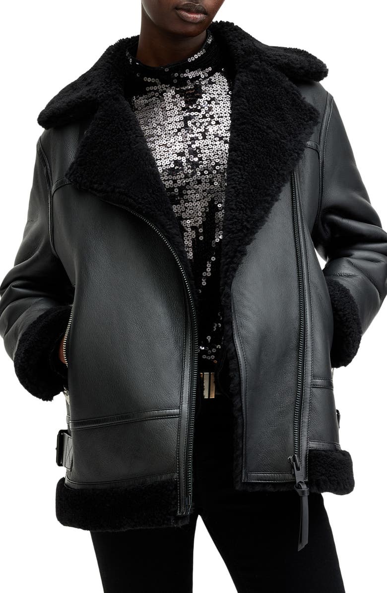 Sola Oversize Genuine Shearling Biker Jacket AllSaints