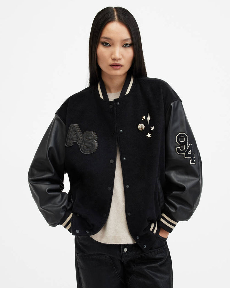 Valeria Varsity Leather Bomber Jacket All Saints