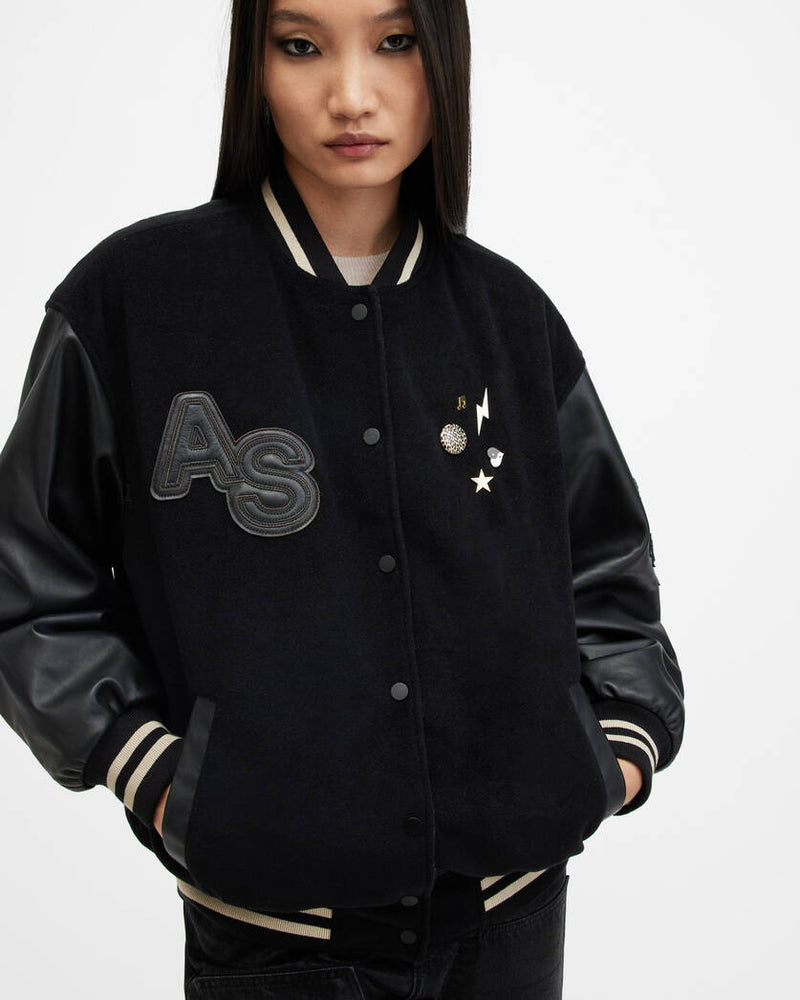 Valeria Varsity Leather Bomber Jacket All Saints