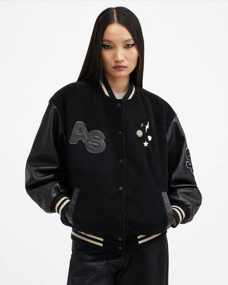 Valeria Varsity Leather Bomber Jacket All Saints