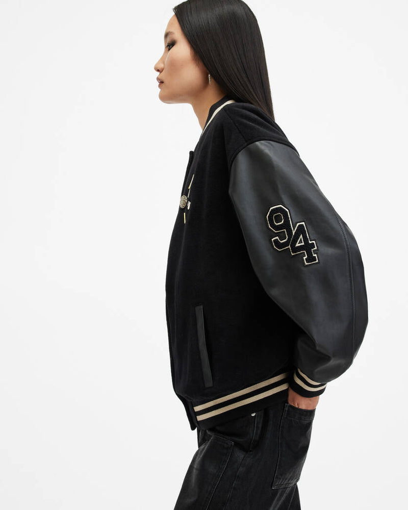 Valeria Varsity Leather Bomber Jacket All Saints