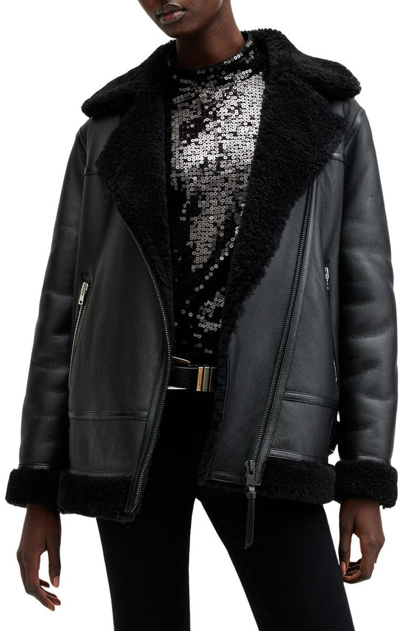 Sola Oversize Genuine Shearling Biker Jacket AllSaints