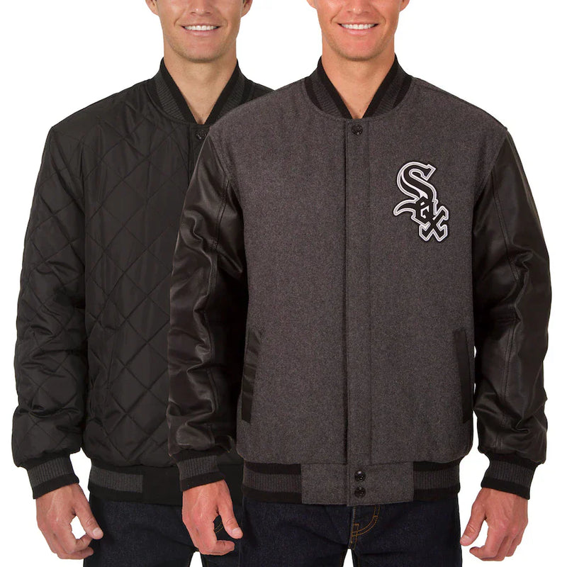 Men's Chicago White Sox JH Design Charcoal/Black Wool Leather Reversible Full-Snap Jacket