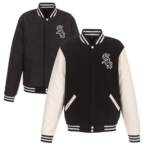 Men's Chicago White Sox JH Design Black Reversible Fleece Jacket with Faux Leather Sleeves