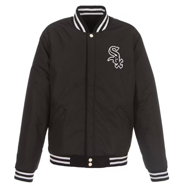 Men's Chicago White Sox JH Design Black Reversible Fleece Jacket with Faux Leather Sleeves