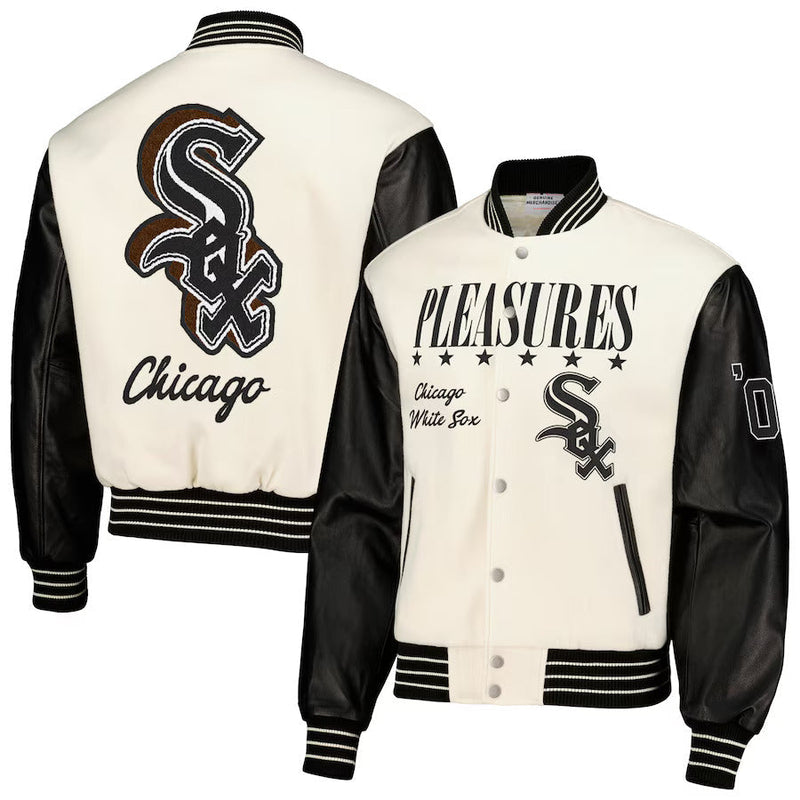 Men's Chicago White Sox PLEASURES White Full-Snap Varsity Jacket