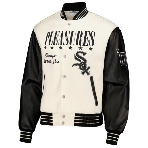 Men's Chicago White Sox PLEASURES White Full-Snap Varsity Jacket