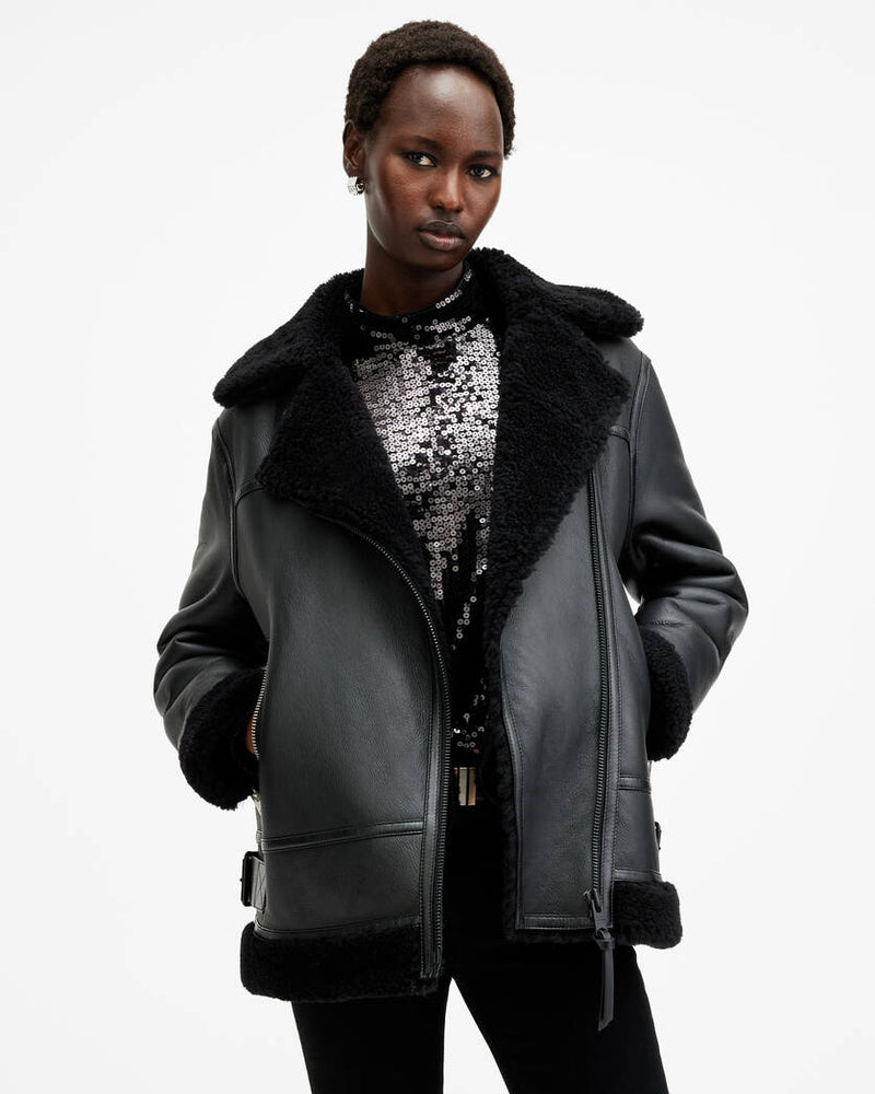 Sola Oversized Shearling Biker Jacket Allsaints