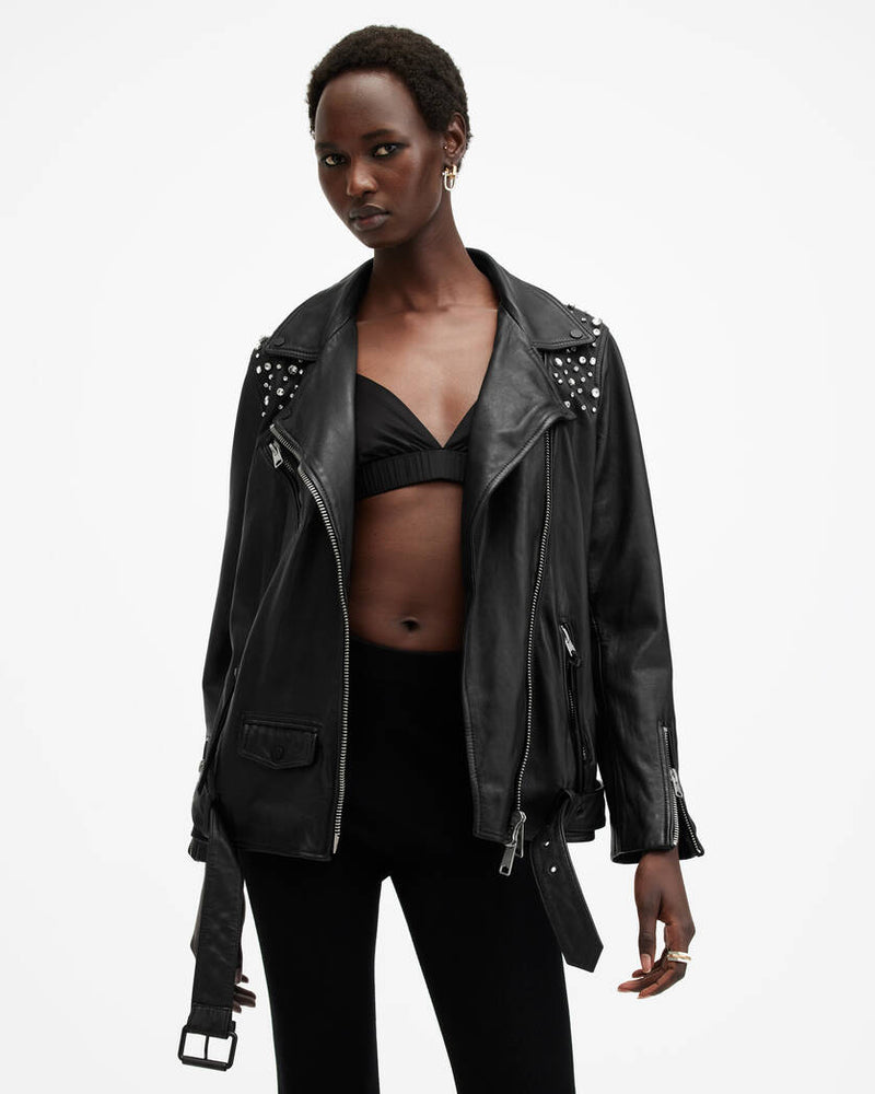 Billie Embellished Leather Biker Jacket Allsaints