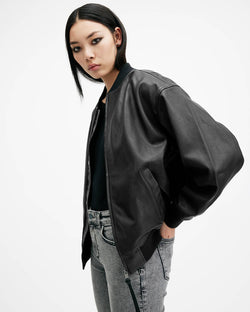 Belle Oversized Leather Bomber Jacket Allsaints