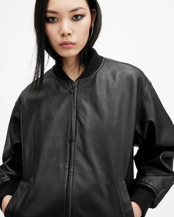 Belle Oversized Leather Bomber Jacket Allsaints