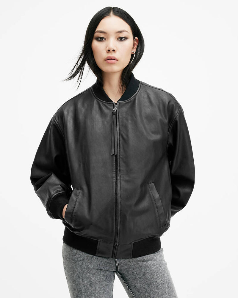 Belle Oversized Leather Bomber Jacket Allsaints