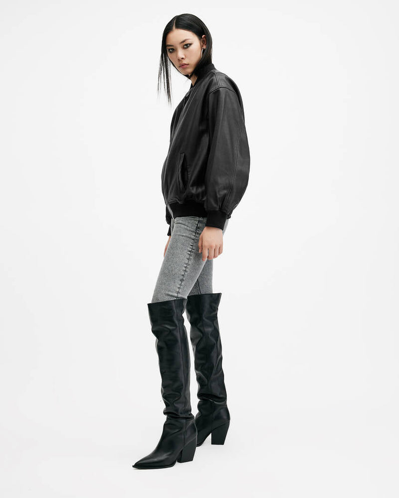 Belle Oversized Leather Bomber Jacket Allsaints