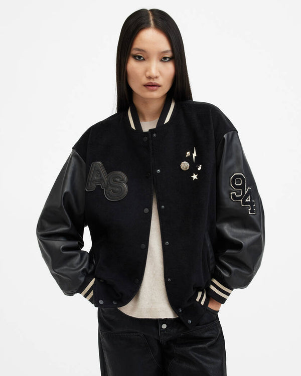 Valeria Varsity Leather Bomber Jacket Allsaints