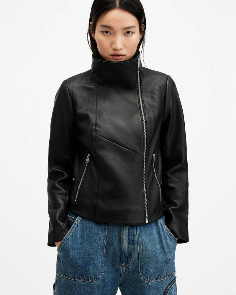 Gray Funnel Neck Draped Leather Jacket