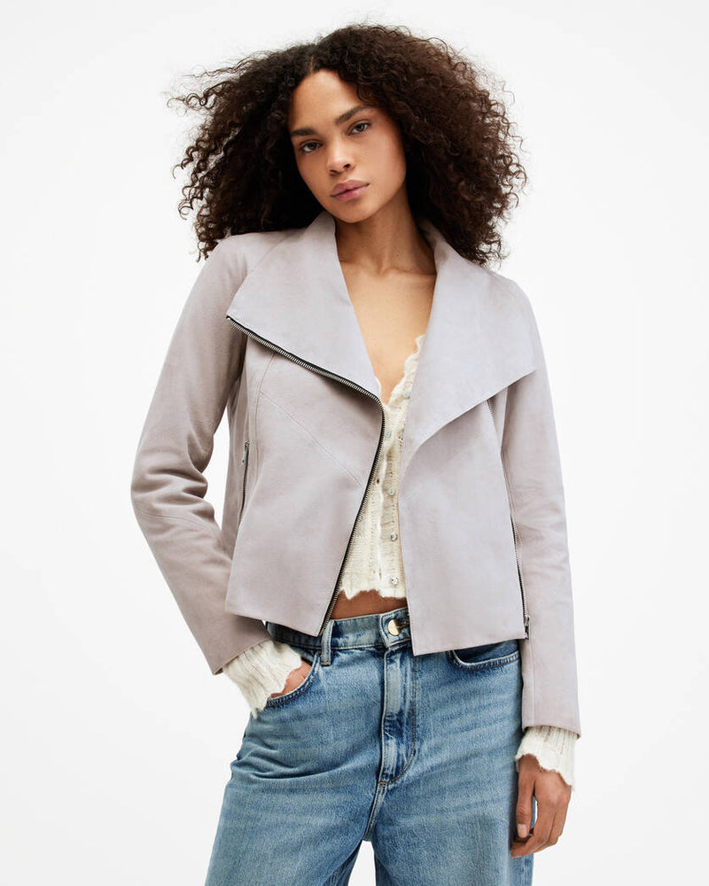 Gray Funnel Neck Draped Suede Jacket