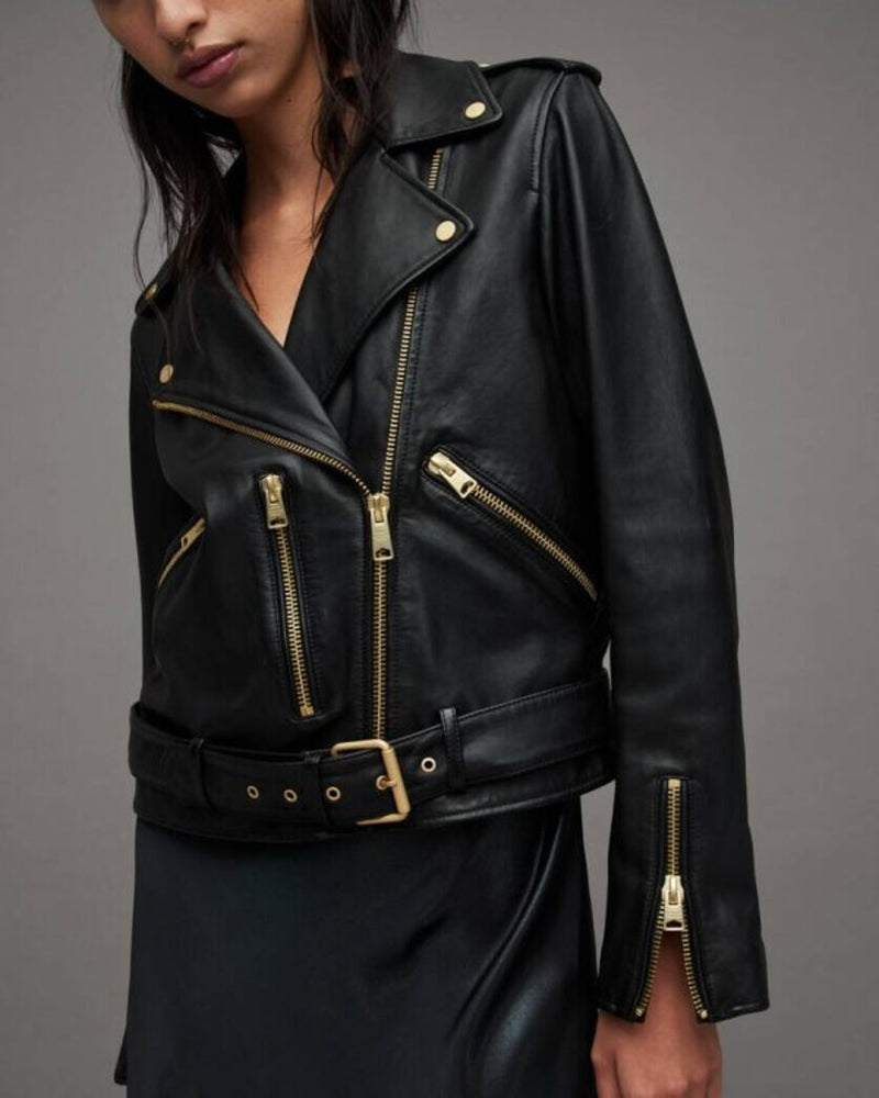 Balfern Belted Hem Leather Biker Jacket