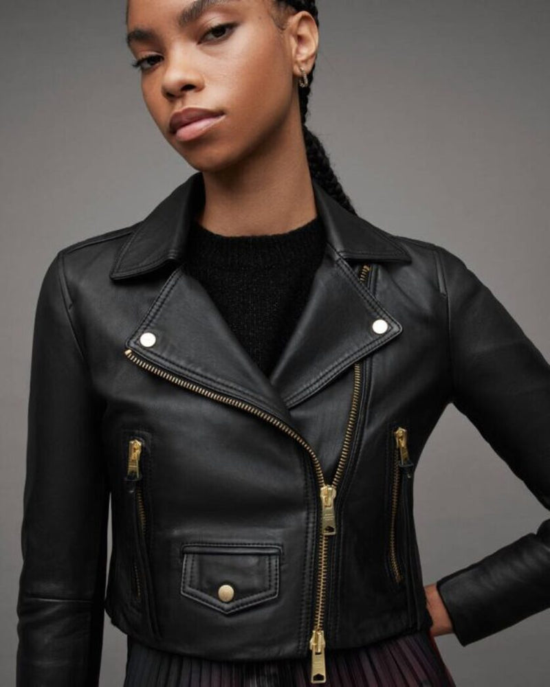 Elora Cropped Leather Biker Jacket